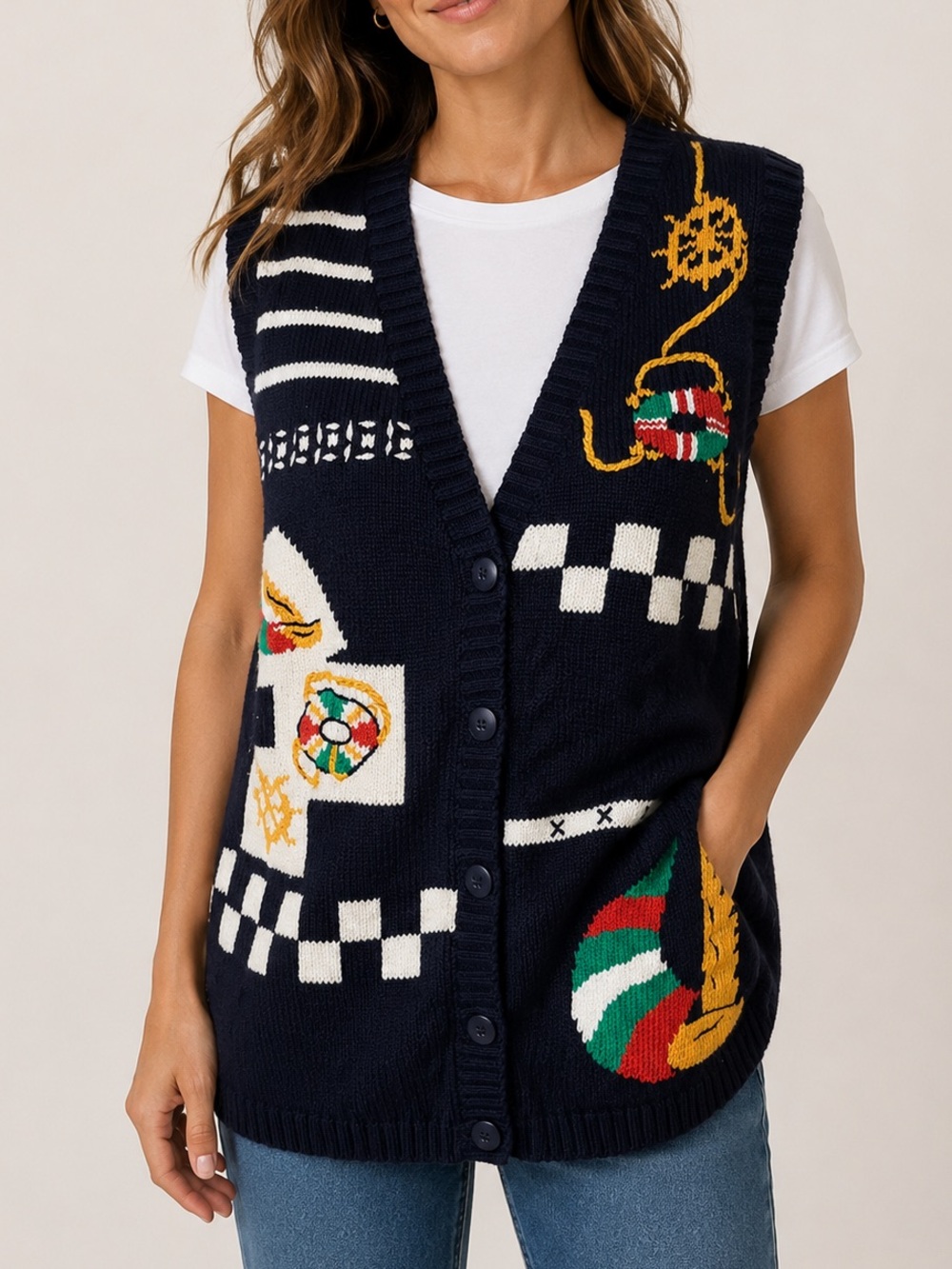 Preston & York Sport Women’s Size MP Vintage Nautical Navy Sweater Vest Knit